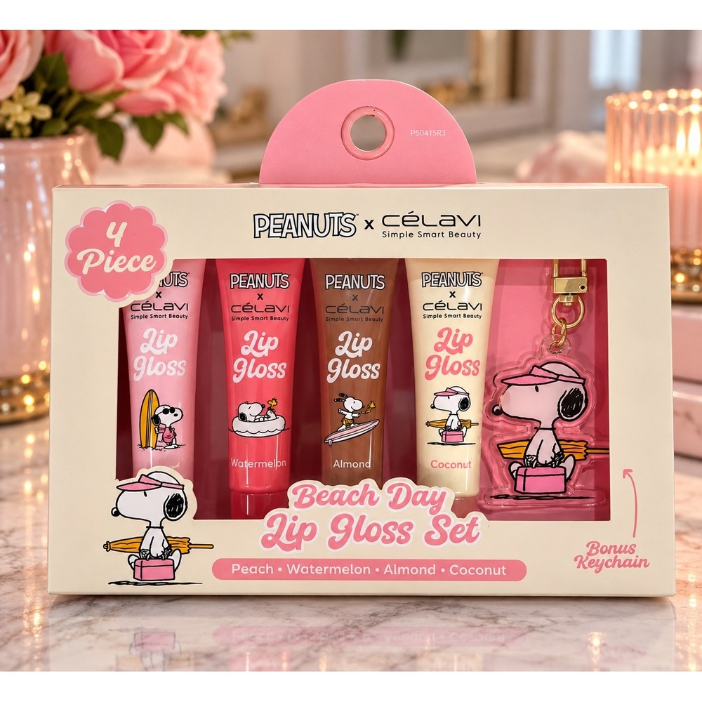 Peanuts x Celavi Beach Day Lip Gloss Set 4 Piece Snoopy Keychain Peach Coconut